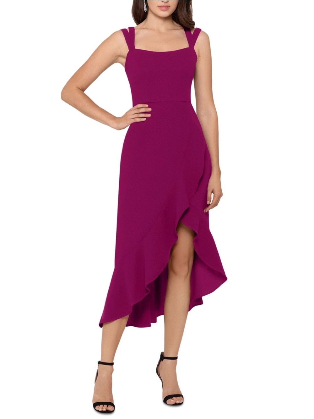 Xscape Sleeveless Magenta Midi Dress with Ruffle Asymmetrical Hem